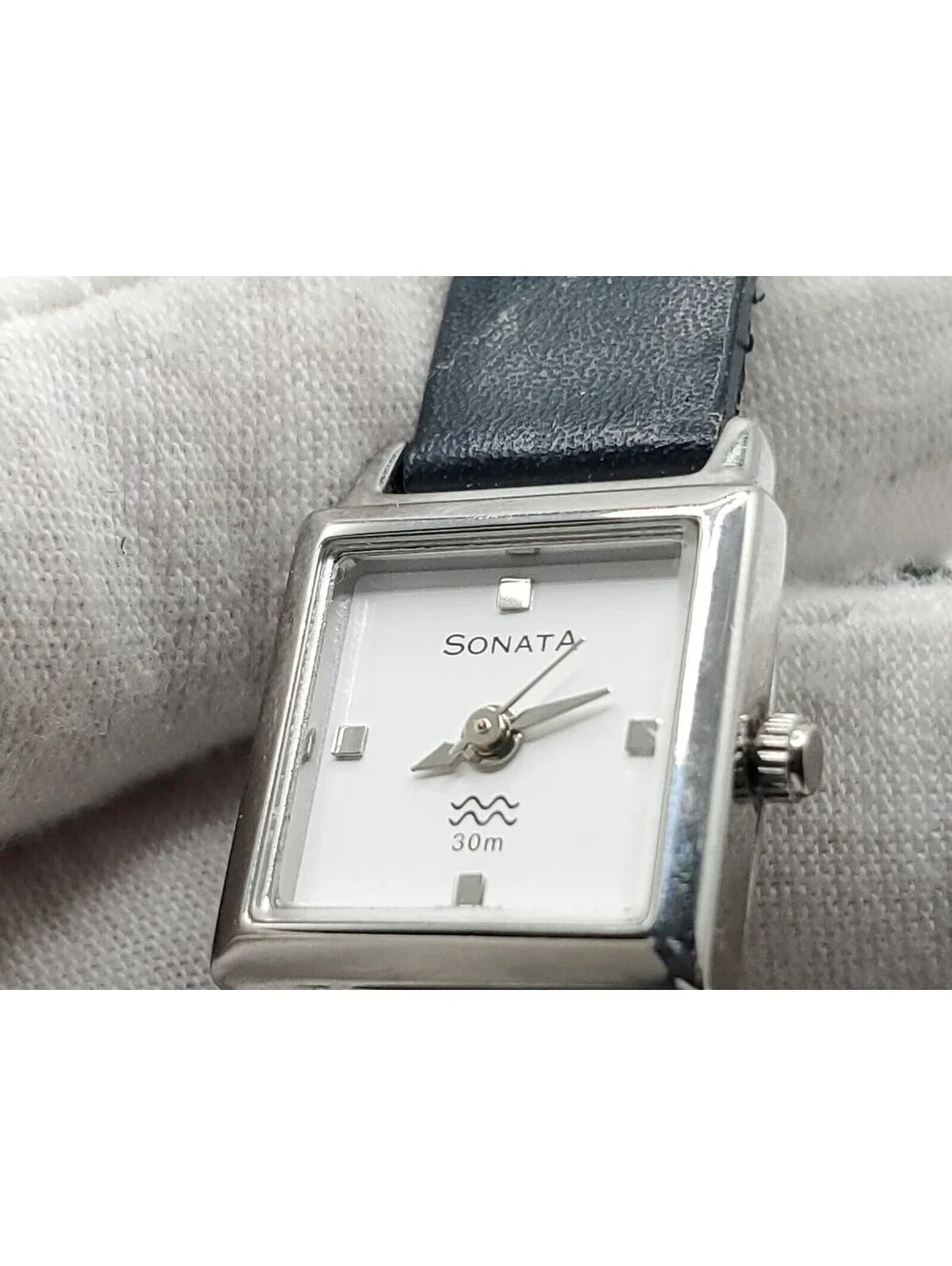 Sonata Quartz Watch Womens New Battery Silver Tone Black Band Square 17mm